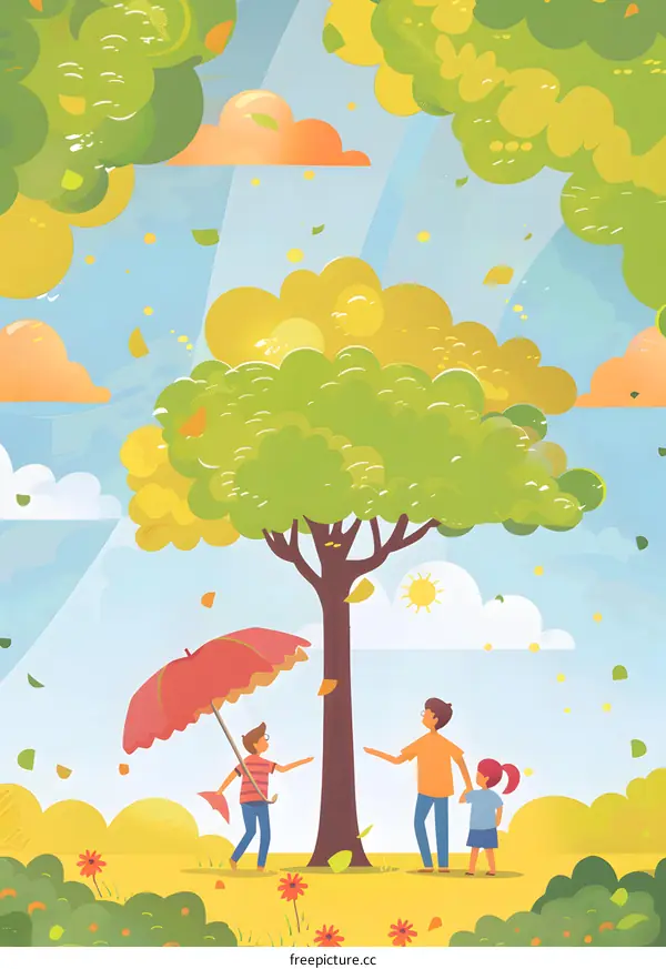 Family under the Tree in the Windy Autumn Day