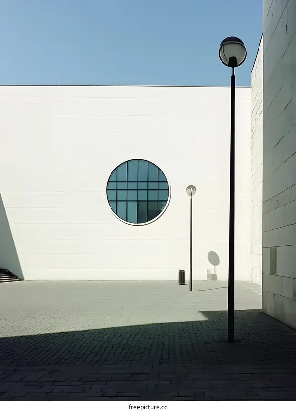 Round Window in a White Building with Street Lamps