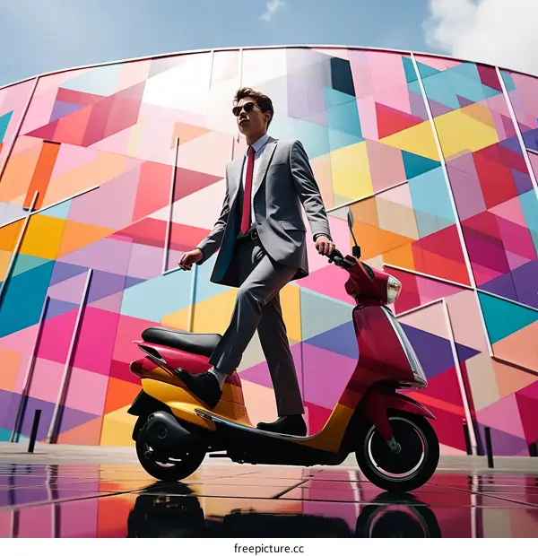 Businessman in a suit walking with his scooter in front of a colorful mural