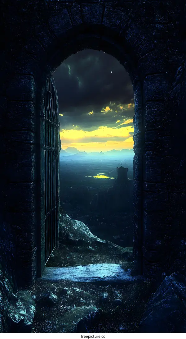 Open Stone Archway View of Fantasy Landscape