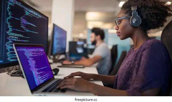 African-American Woman Working on a Laptop in an Office