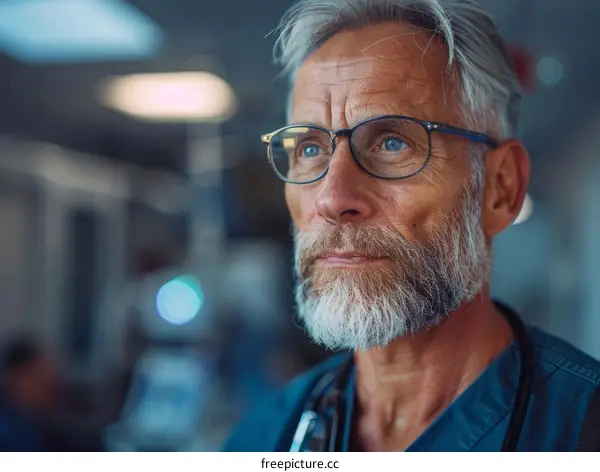 Portrait of a male doctor wearing glasses and a stethoscope around his neck