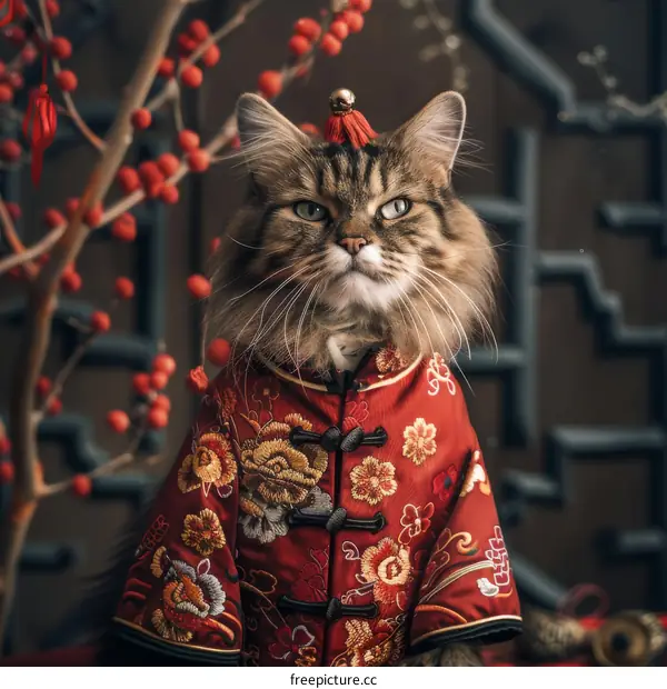 A cat wearing a traditional Chinese outfit