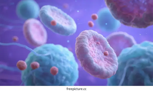 Human Blood Cells Under Microscope Showing Red and White Cells