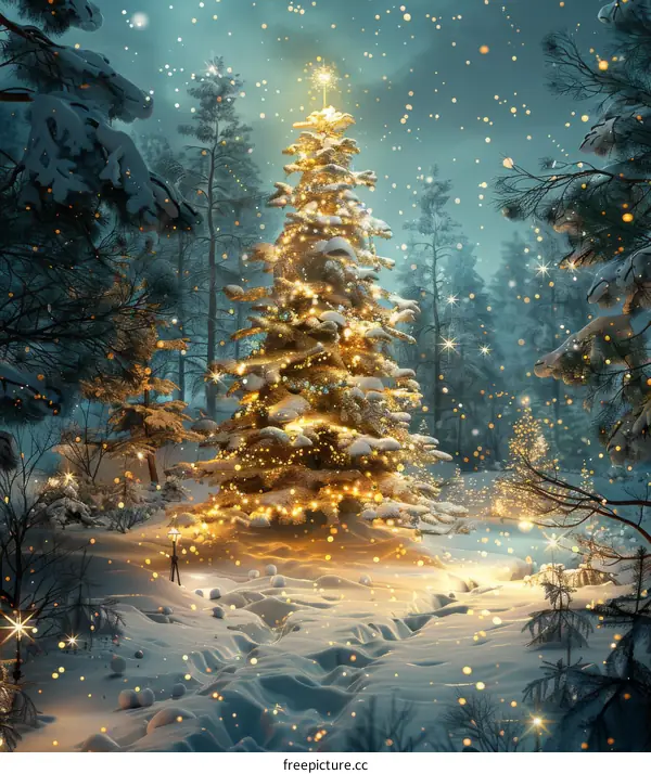 Enchanting Winter Forest Scene with Glowing Christmas Tree