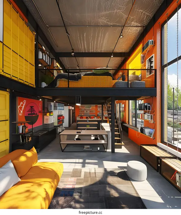 Modern Loft Apartment Interior Design With Yellow And Orange Walls