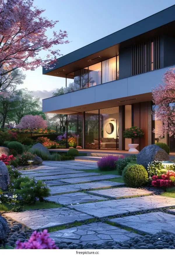A modern house with a beautiful garden