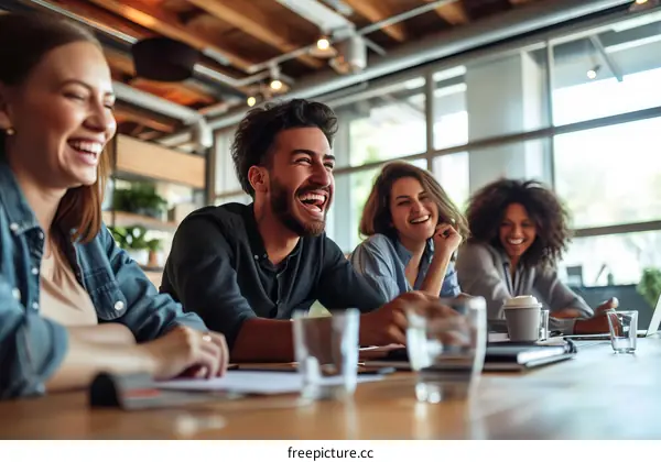 Multiethnic group of business professionals having a meeting and laughing