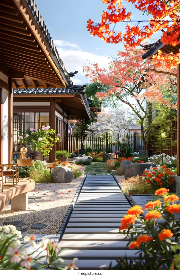 Traditional Japanese Garden with Stone Pathway and Blooming Flowers