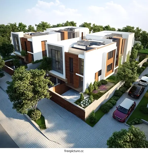 Modern Architecture Aerial View of Luxury Homes with Greenery