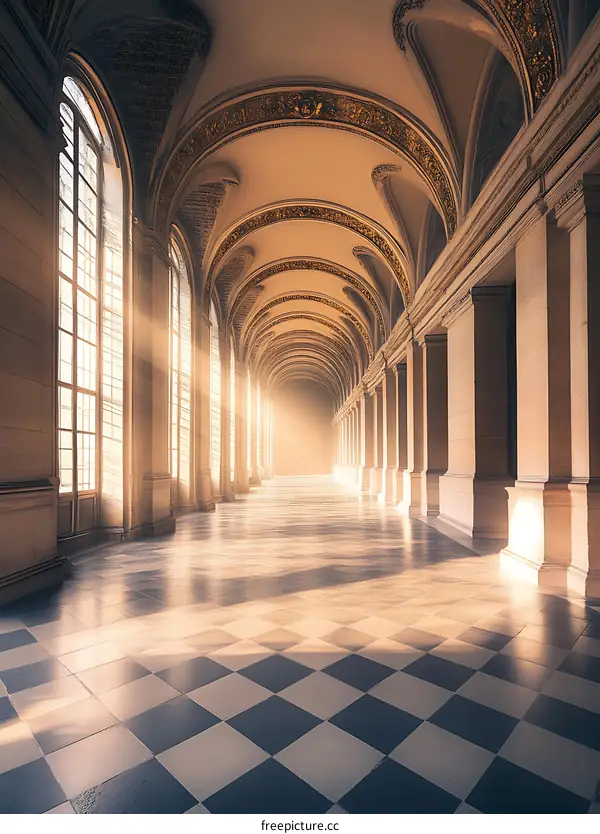 Sunlight Streaming Through Windows in a Grand Hallway