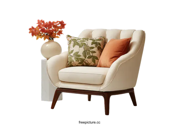 [Transparent Background PNG]Elegant Cream Armchair with Decorative Pillows