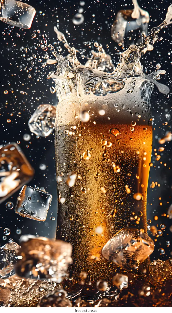 Cold Beer with Ice Cubes Splashing