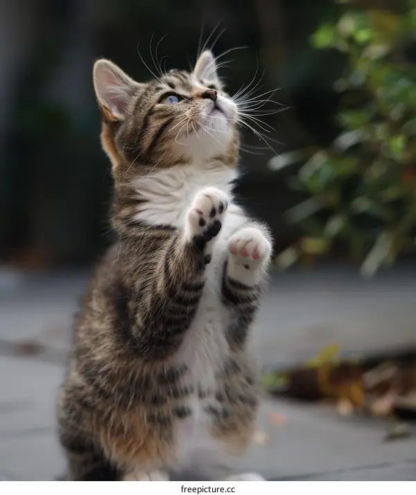 A cute tabby kitten is standing on the ground and looking up with its paws in the air