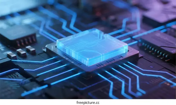 Close-up of glowing quantum processor on circuit board