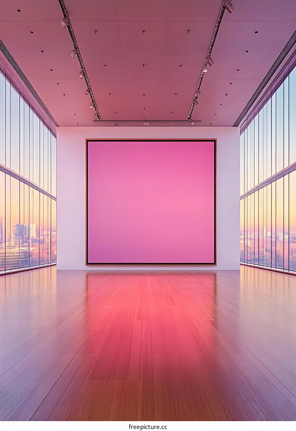 Empty Gallery Room With Big Pink Canvas And City View