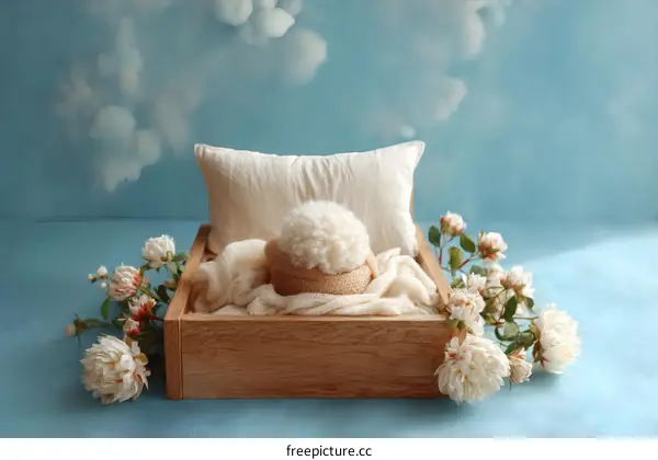 Wooden Tray with Soft Bedding and Flowers