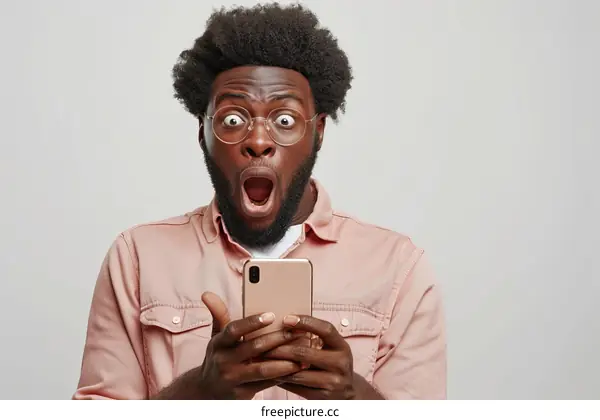 Surprised black man looking at his phone
