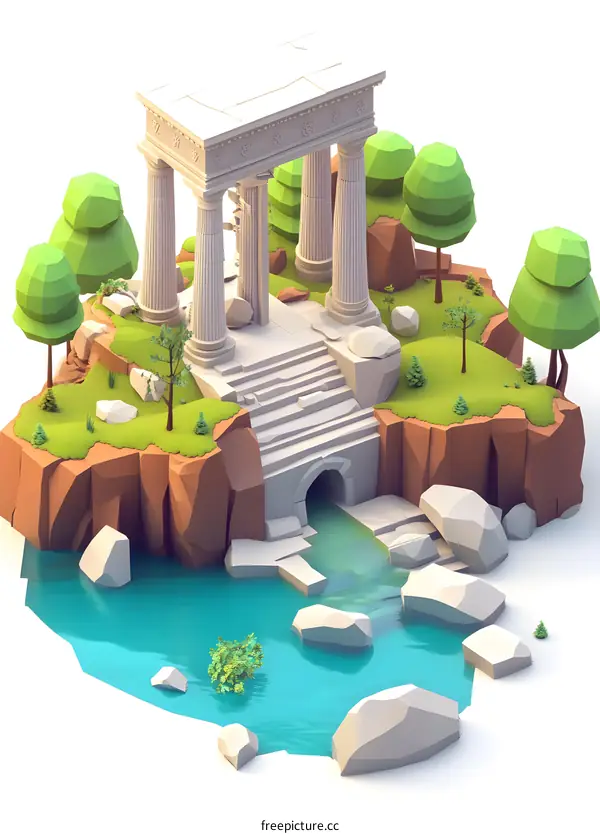 Low Poly Ancient Greek Temple Ruins in the Forest