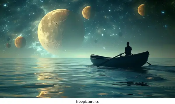 Man rowing boat on sea with large moon in background