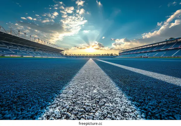 Blue running track in a large empty stadium with white line marking the lanes under a blue sky with white clouds and bright sun