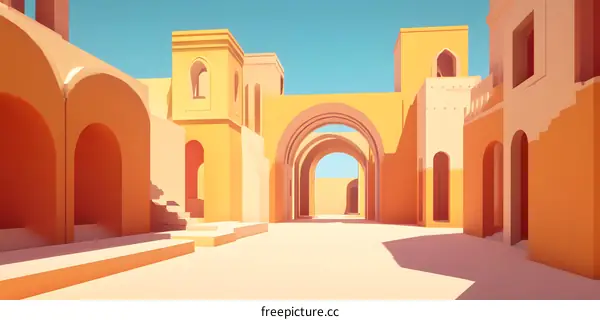 Minimalist Illustration of a Desert Town with Arched Entrances