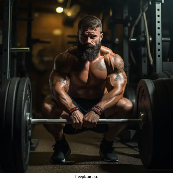 muscular man with beard and tattoos squatting with a barbell