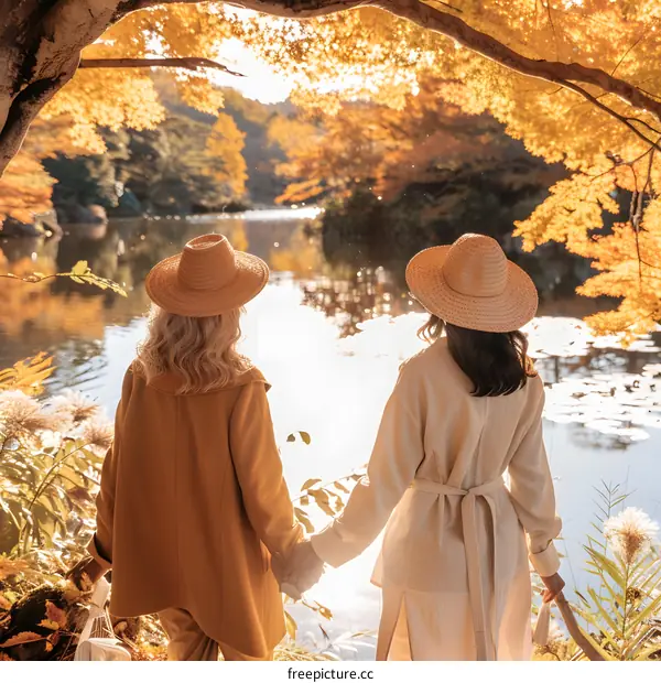 Two Women In Straw Hats Holding Hands by a Lake