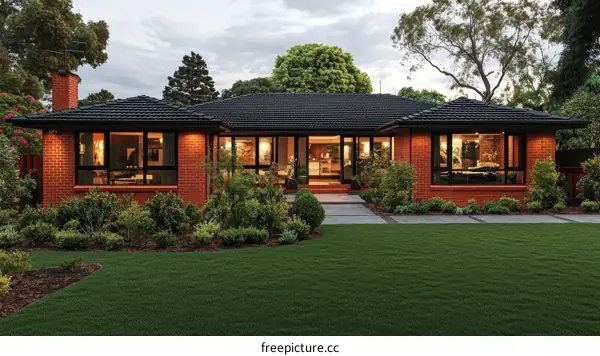 Suburban Brick Home Exterior at Dusk