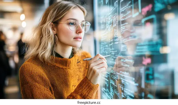 Young Woman Working on Interactive Whiteboard