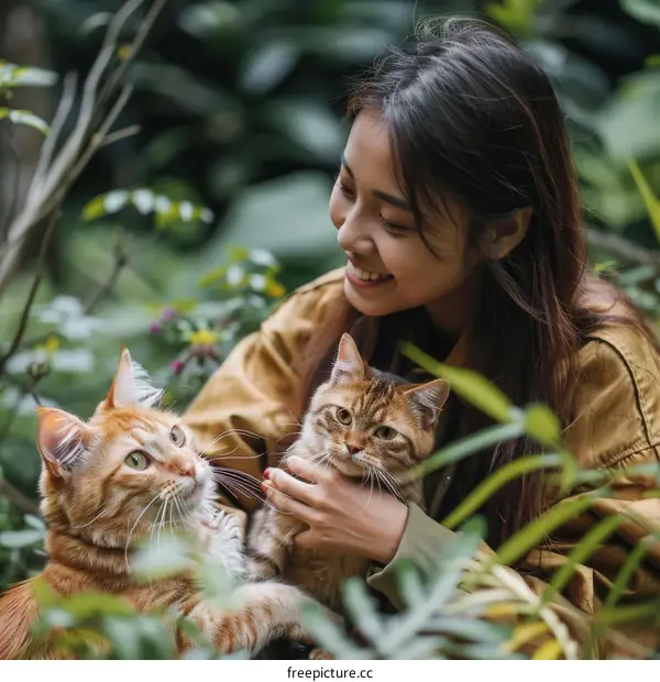 A young woman is petting two cats in a garden.