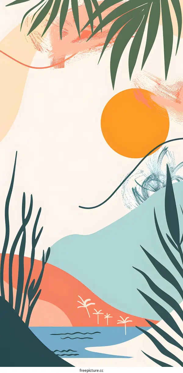 Abstract Tropical Sunset Illustration with Palm Trees and Ocean