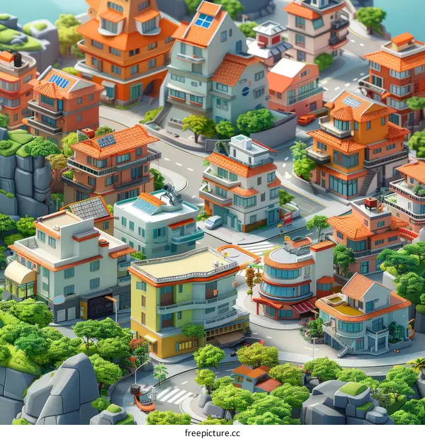 Colorful Town Illustration: Houses, Trees, and Roads