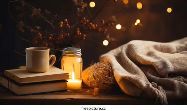 Cozy Autumn Still Life with Books, Candles, and a Cup of Tea