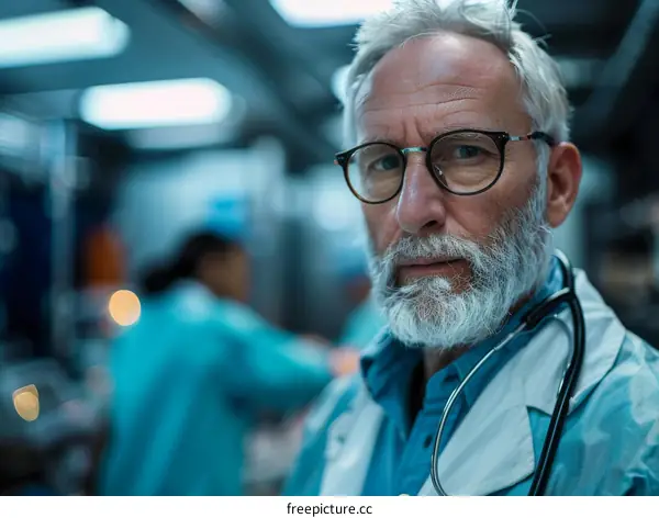 Portrait of a male doctor wearing glasses and a stethoscope around his neck