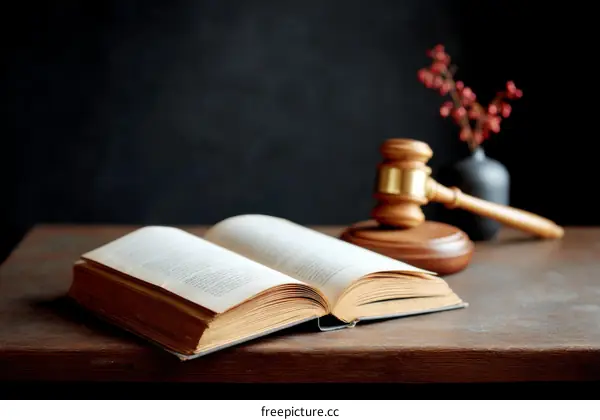 Open Book and Gavel on Wooden Table