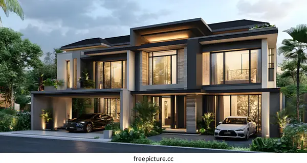 Modern Luxury Home with Large Windows and  Landscaping