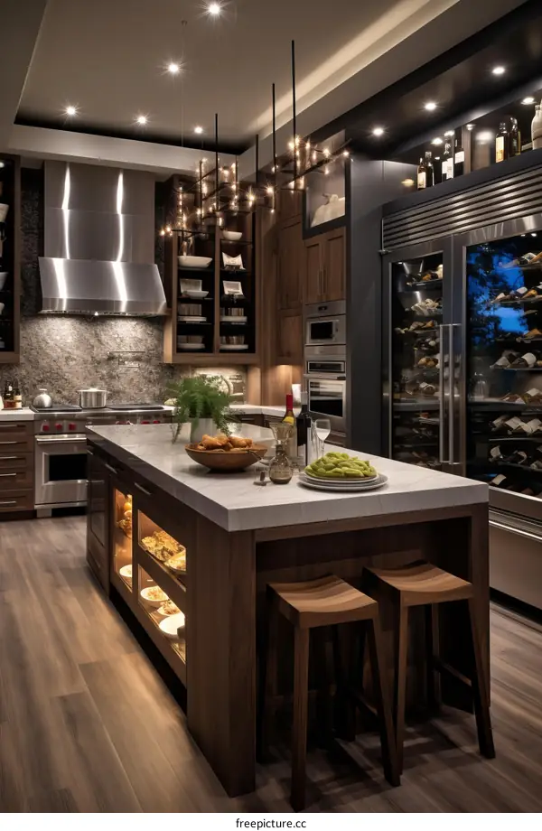 Modern kitchen with dark wood cabinets and stainless steel appliances