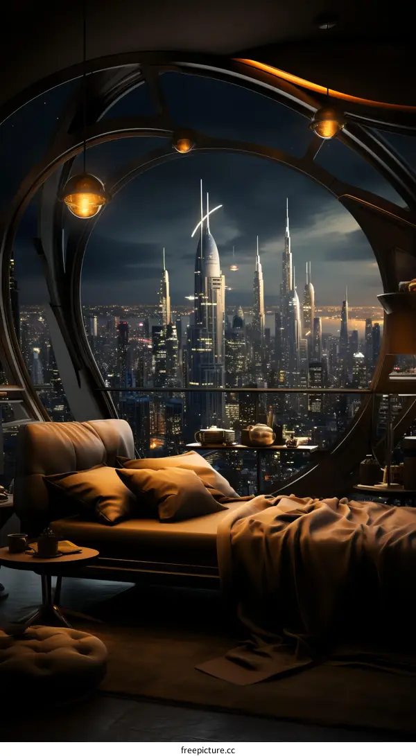 Futuristic Cityscape: Bedroom Window View of Night City