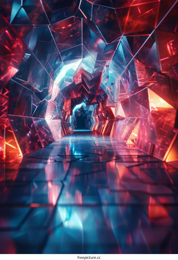 Futuristic sci-fi tunnel with glowing red and blue neon lights