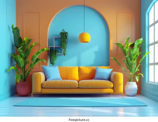 A stylish living room with a yellow sofa, blue walls, and tropical plants
