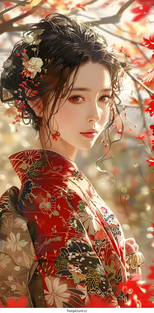 Portrait of a beautiful Asian woman in a red kimono