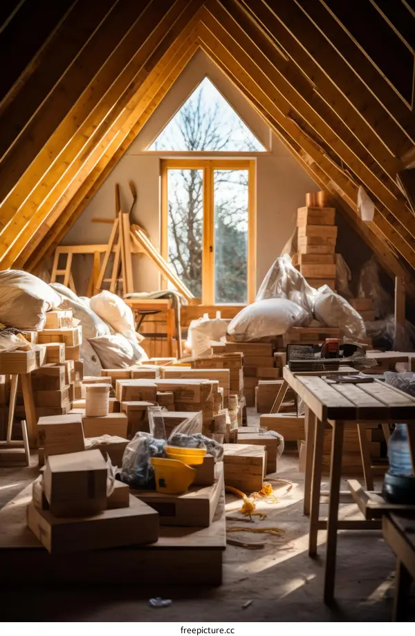 Attic full of clutter and building materials