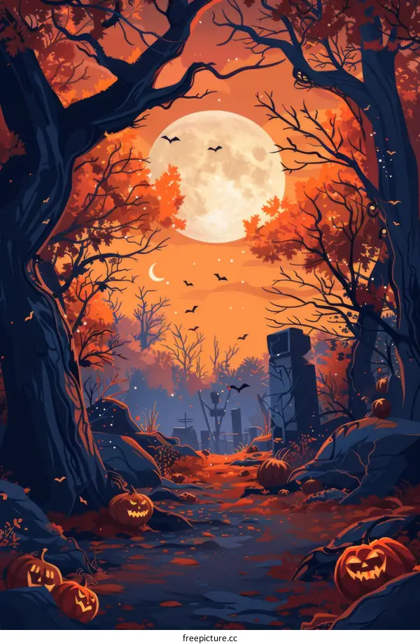 Spooky Forest with Tombstones and Pumpkins Under Full Moon