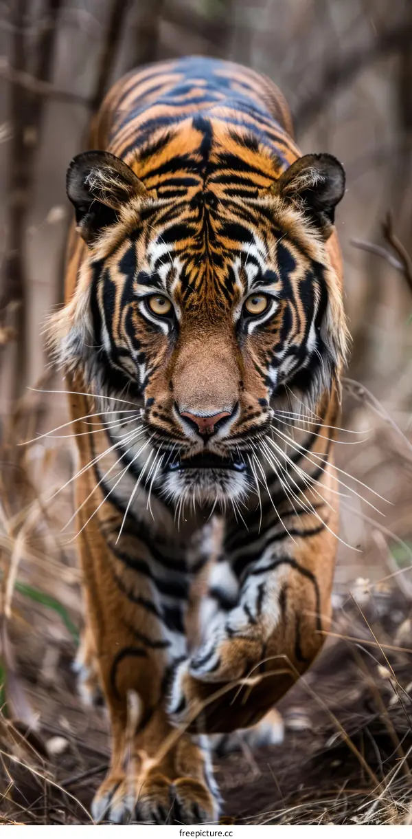 A fierce tiger is walking in the forest