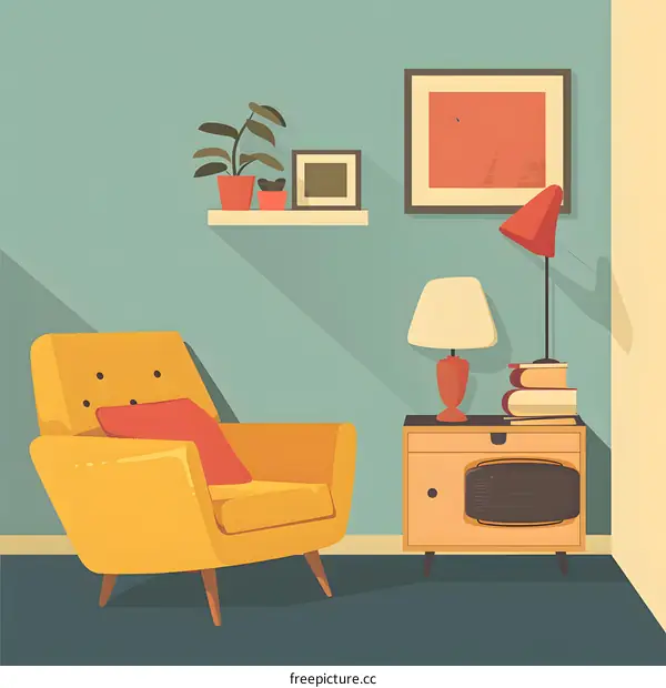 Yellow Armchair in Living Room with Plants, Lamps, and a Side Table