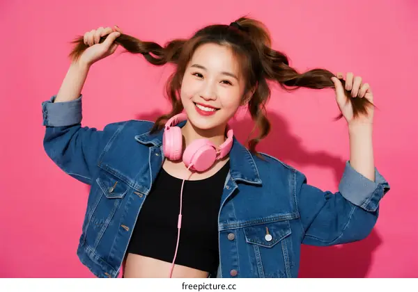 A Young Woman with Pink Headphones Twisting Her Hair Against Pink Background