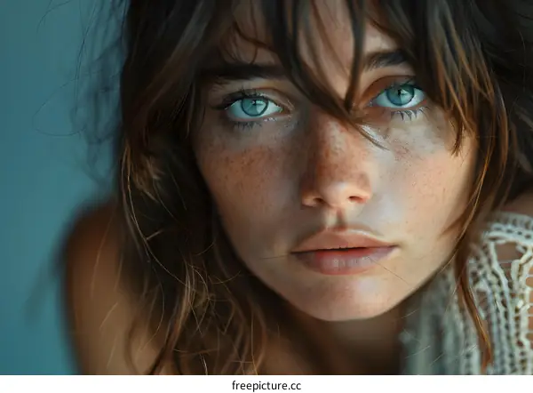 Close-up portrait of a young woman with freckles and blue eyes