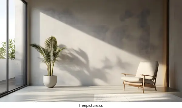 Minimalist Living Room Interior Design with Palm Plant and Sunlight