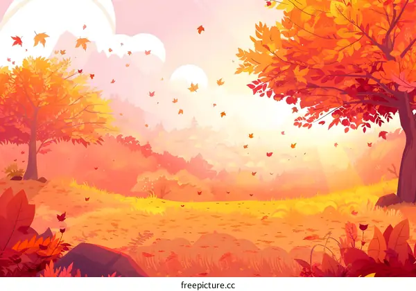 Autumn Forest Landscape With Falling Leaves And Trees